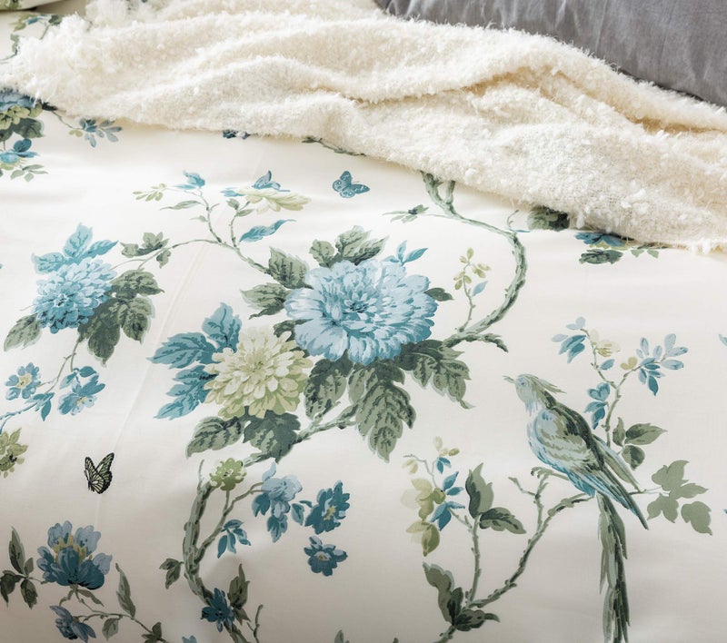 Eikei Exotic Modern Floral Print Bedding Birds Flowers Dusty Grey Design 100% Cotton Duvet Cover 3pc Set Hibiscus Blossom Branches in Muted Gray Blue (King, Citronelle Green) - Image 5